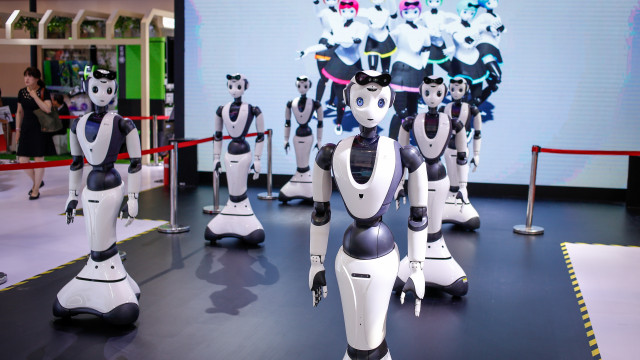 Robots are displayed during the World Robot Conference in Beijing China 18 August 2023